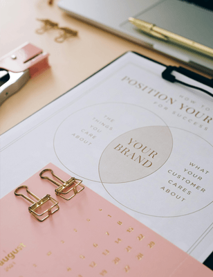 Brand positioning worksheet with a Venn diagram linking “The things you care about” and “What your customer cares about,” with “Your brand” at the overlap.