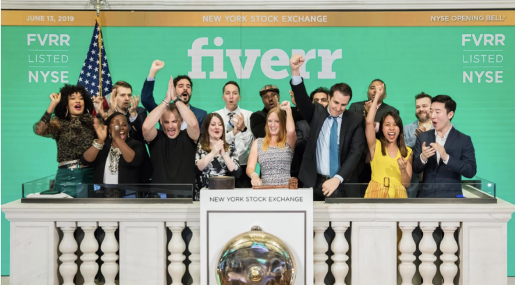 CEO Micha Kaufman and members of the Fiverr community at the New York Stock Exchange.