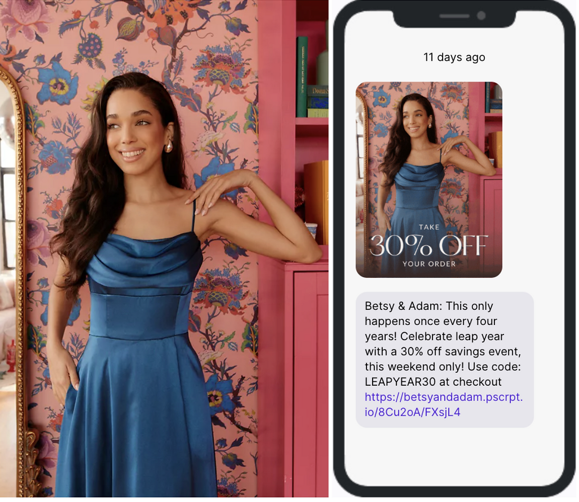 A model wearing Betsy & Adam's Satin Empire-Waist Cowlneck Dress in front of a floral wallpaper backdrop.