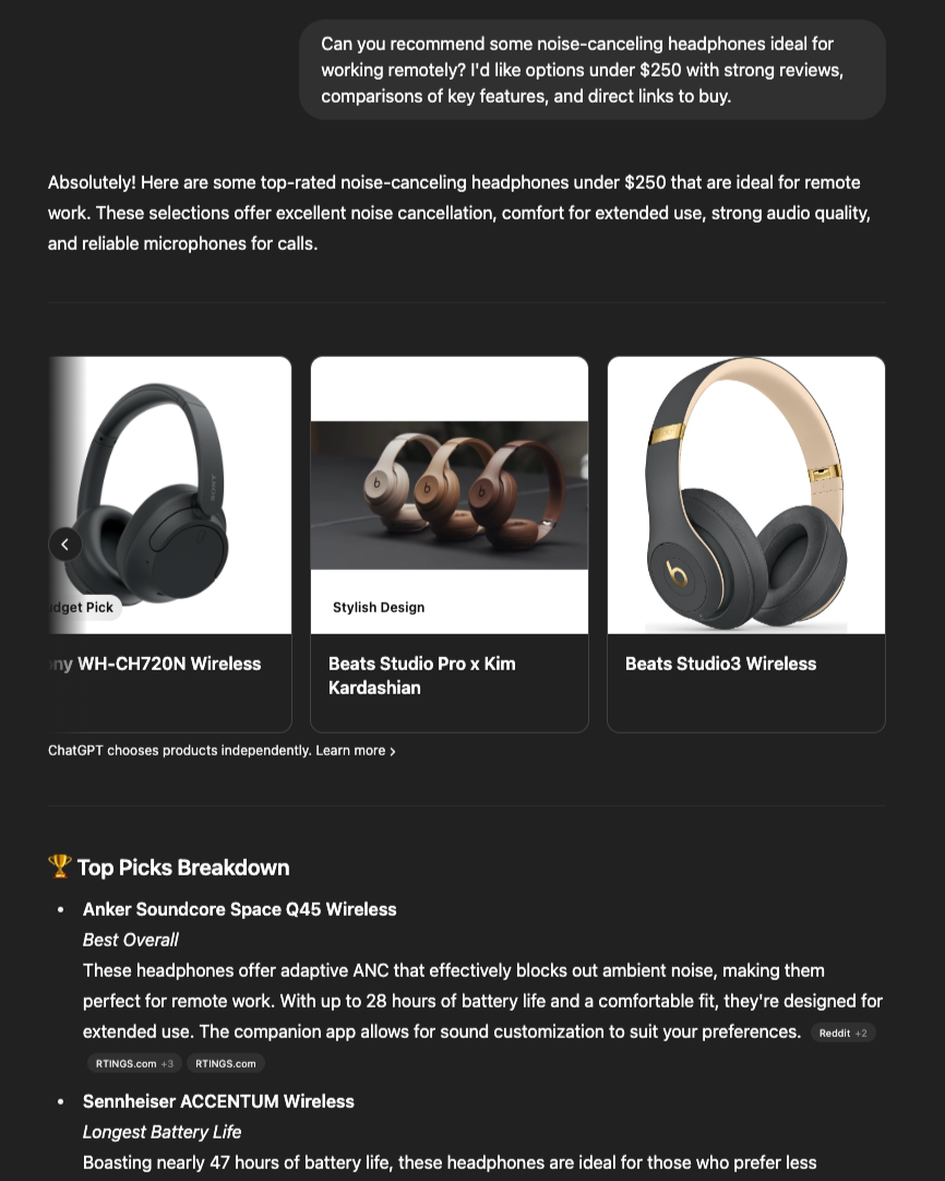 ChatGPT product recommendation for noise-canceling headphones under $250, ideal for remote work.