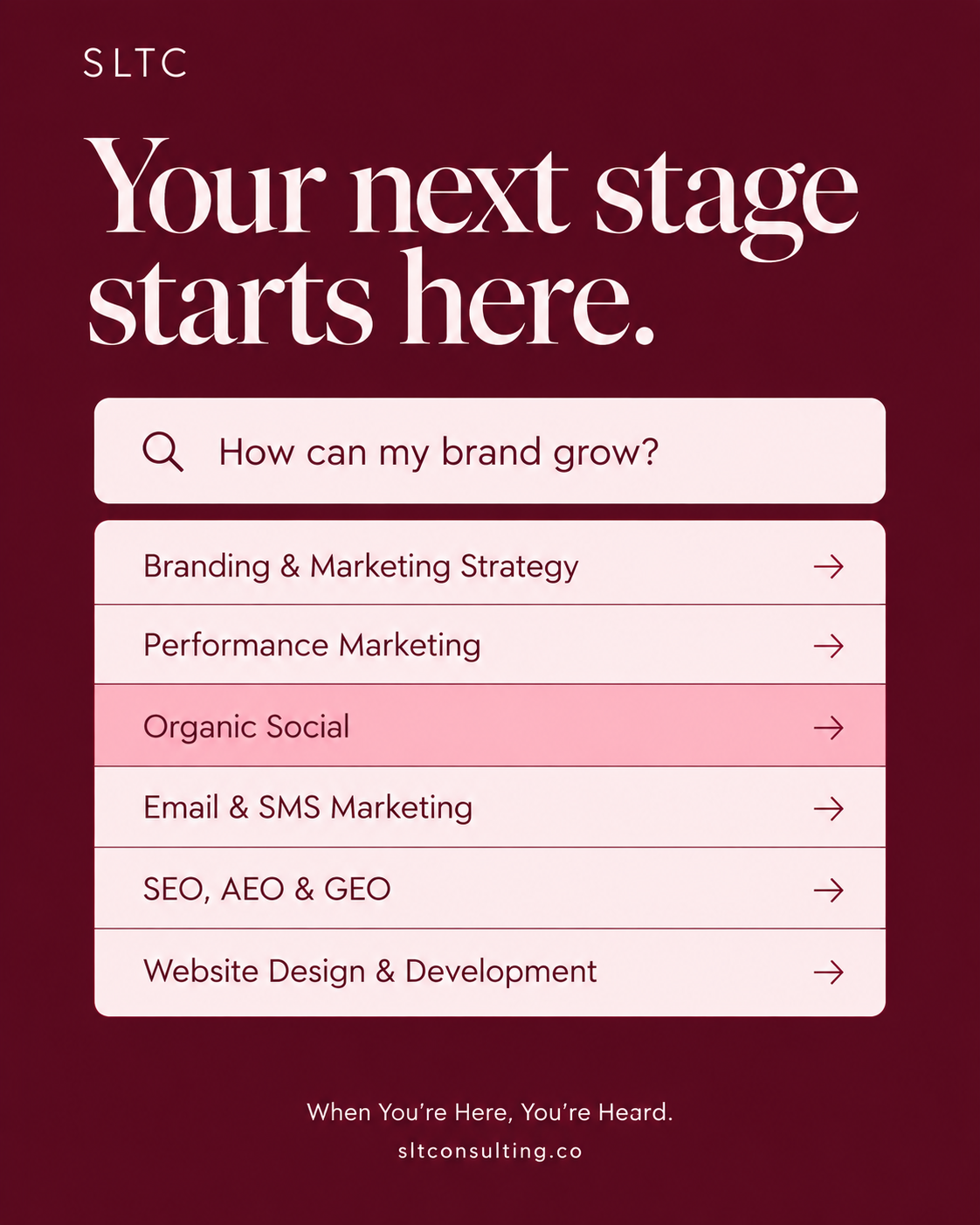 SLTC services: “Your next stage starts here.” Search-style graphic listing SLTC’s services: brand strategy, paid media, organic social, email and SMS, SEO/AEO/GEO, and web design and development.